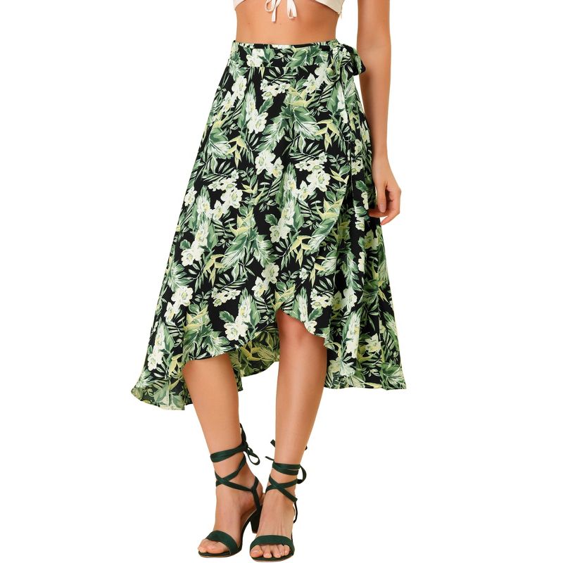 Allegra K Women's Tie Waist Hawaiian Tropical Floral Wrap Midi Skirt, 1 of 6