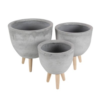 Set of 3 Contemporary Fiber Clay Planters with Wooden Stands - Olivia & May