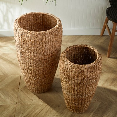 Tall Natural Seagrass Indoor/Porch Planters, Set of 2