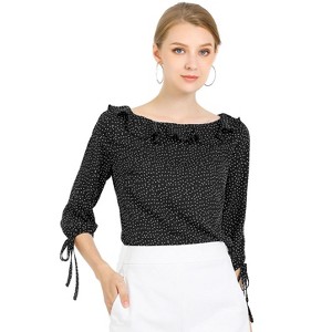 Allegra K Women's Vintage 3/4 Sleeve Boat Neck Ruffled Dots Print Blouse - 1 of 4