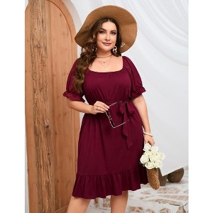 YesFashion Women's Summer Plus Size Dress Casual Short Sleeve Square Neck Dress Ruffle A Line High Waist Midi Dress with Belt - 1 of 4
