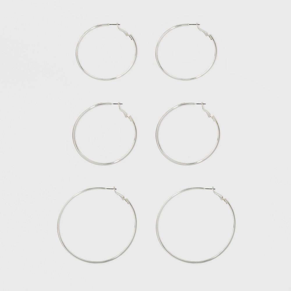 Photos - Earrings Thin Clickback Hoop Earring Set 3ct - A New Day™ Silver metal