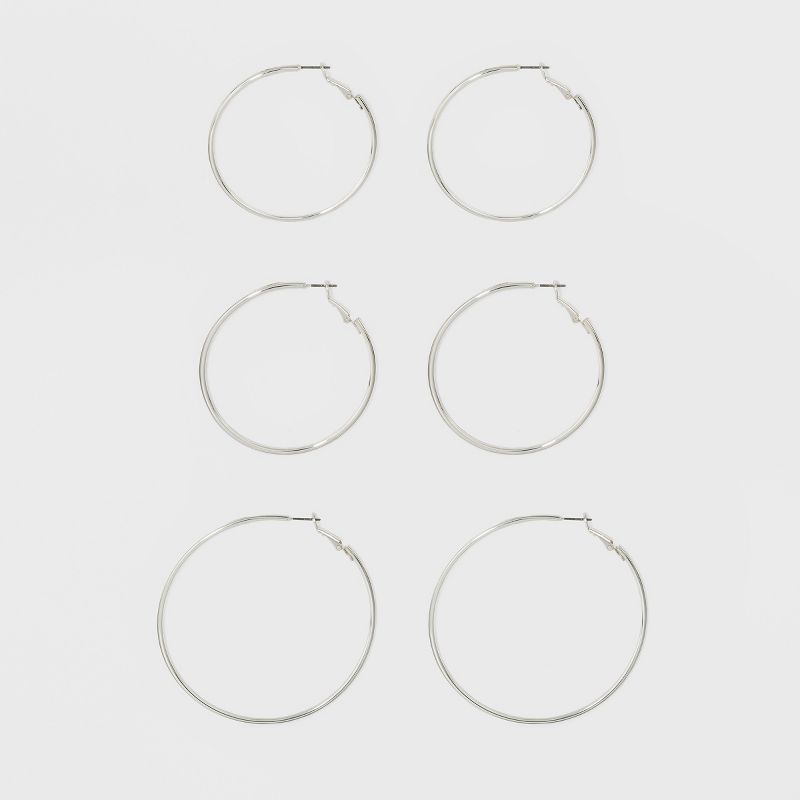 Thin Clickback Hoop Earring Set 3ct - A New Day&#8482; Silver, 1 of 4