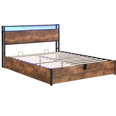 Bellemave Full Size Lift Up Storage Bed Frame with Charging Station,Heavy Duty Metal Lift Up Storage Bed Full Size, Brown