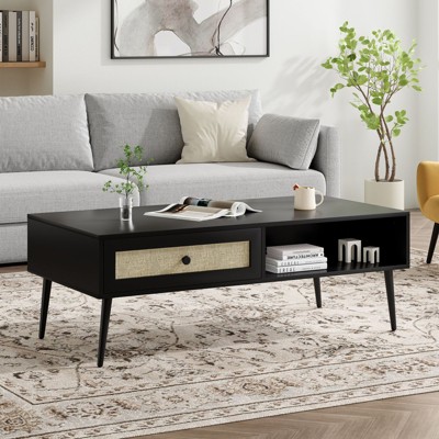 CAVINAS Mid-Century Coffee Table with PVC Rattan Door Drawer,2-Tier Rectangular Accent Table,Modern Coffee Table for Living Room