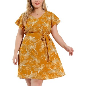 Agnes Orinda Women's Plus Size V Neck Floral Tie Waist Mini Dressy A Line Dresses - 1 of 4