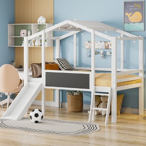 Twin Size Loft Bed with Ladder, Blackboard and Light Strip - 1 of 4