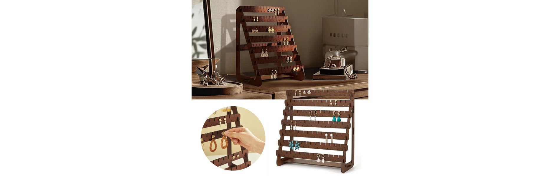 Wood Earring Display Stand With Adjustable Slats And Multi-Compartment Design For Jewelry Organization