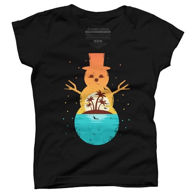 Girl's Design By Humans Christmas in July Snowman Sunset By destiny29 T-Shirt