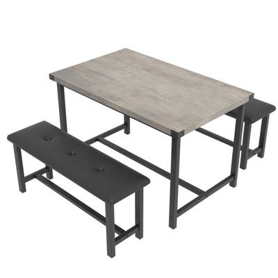 Dining Table Set for 4, Small Kitchen Table Set with 2 Upholstered Bench, Farmhouse Set, Space Saving Dining Table for Apartment, Rustic Brown