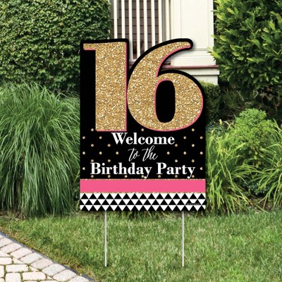 Big Dot of Happiness Chic 16th Birthday - Pink, Black and Gold - Party Decorations - Birthday Party Welcome Yard Sign