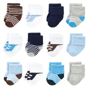 Luvable Friends Infant Boys Newborn and Baby Terry Socks, Blue Navy Sneakers - 1 of 4