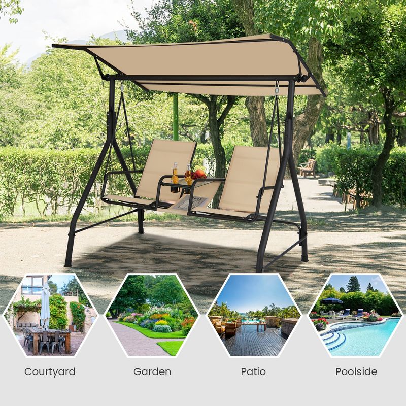 Costway 2-Seat Outdoor Patio Swing Adjustable Canopy Tempered Glass Table Top Cup Holder, 4 of 11