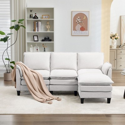 HYLEORY 75.59'' Width Modern Linen Flannel Fabric L-Shaped Sectional Sofa with Ottoman for living room