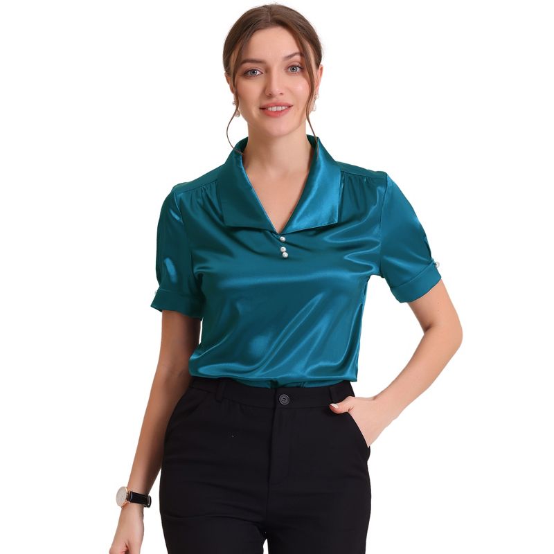 Allegra K Women's Satin Summer Work Turndown Collar Pearl Button Decor Short Sleeves Slick Top Blouses, 1 of 6