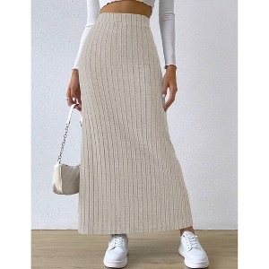 Women High Waist Ribbed Knit Skirt Slim Fit Side Slit Bodycon Long