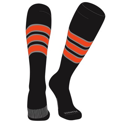 PEAR SOX Striped OTC Baseball, Softball, Football Socks (C) Black, Silver, Orange (M)