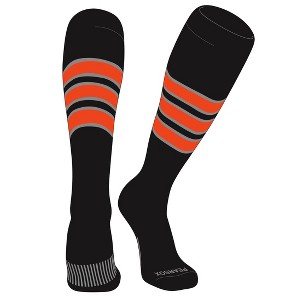 PEAR SOX Striped OTC Baseball, Softball, Football Socks (C) Black, Silver, Orange (M) - 1 of 3