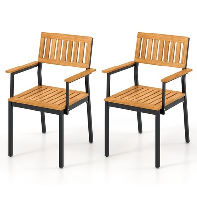 Tangkula Patio Dining Chair Set of 2 Outdoor Chairs w/Metal and Acacia Wood Frame Armrests All-Weather Bistro Chairs