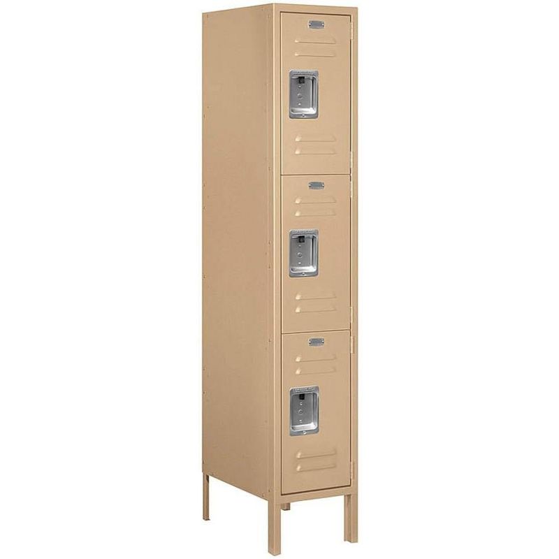 Salsbury Industries Assembled 3-Tier Standard Metal Locker with One Wide Storage Unit, 5-Feet High by 18-Inch Deep, Tan, 1 of 2
