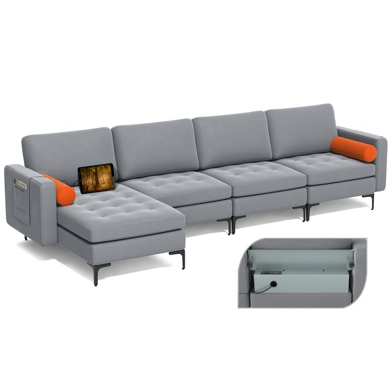 Costway Modular Extra-Large 4 Seat Sectional Sofa with Reversible Chaise & 2 USB Ports Ash Grey, 1 of 11