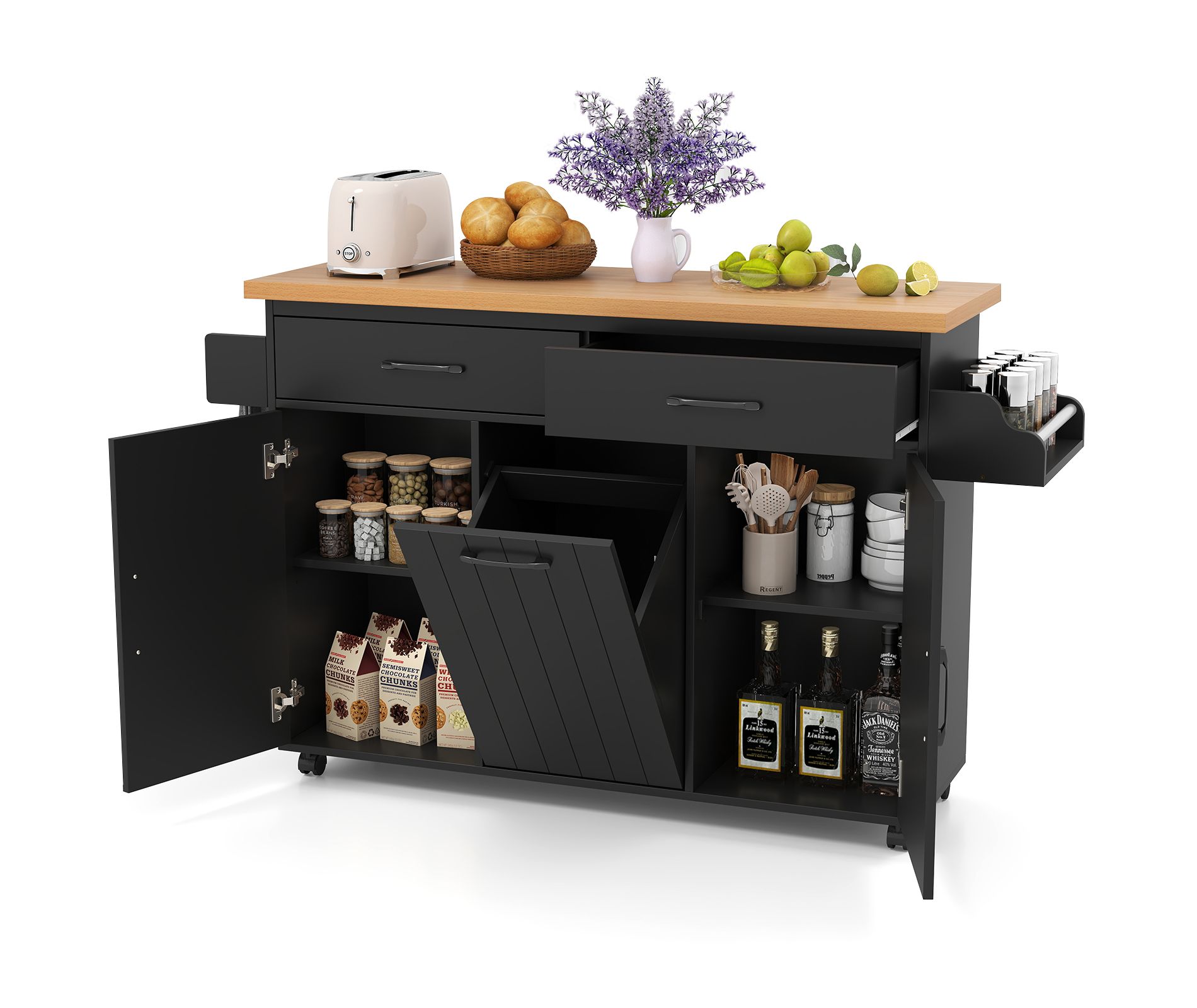 Costway Rolling Kitchen Island Kitchen Cart with Tilt-out Trash Cabinet Island Table White/Black