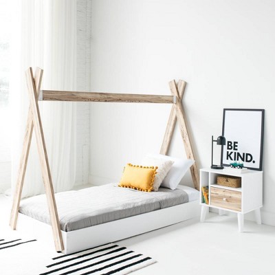 Contemporary Twin Tent Bed with Drawer, Beige & White