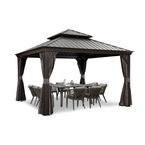 PURPLE LEAF Outdoor Gazebo Aluminum Frame Galvanized Steel Double Roof Patio Hardtop Gazebo with Curtains and Netting for Patio Lawn and Garden - 1 of 4