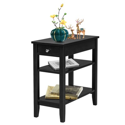 Black Wood Narrow End Table with Drawer and Shelves
