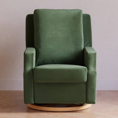 Forest Green Velvet Swivel Recliner with Light Wood Base