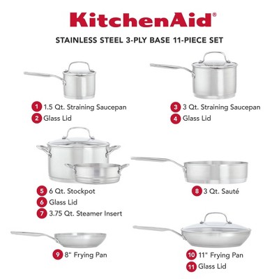 KitchenAid 3-Ply Base Stainless Steel 11pc Cookware Set: Induction Safe, Even-Heating, Tempered Glass Lids, Dishwasher Safe - Thumbnail 4