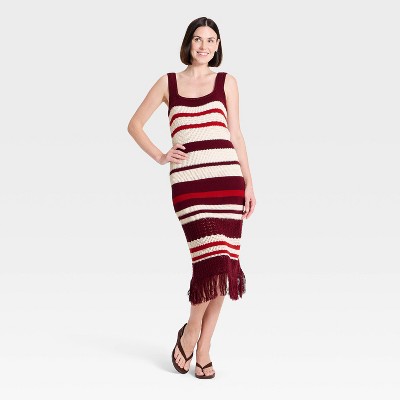 Женские платья A New Day Women's Bodycon Midi Fringe Sweater Dress - A New Day™ Burgundy Striped M — фото 2