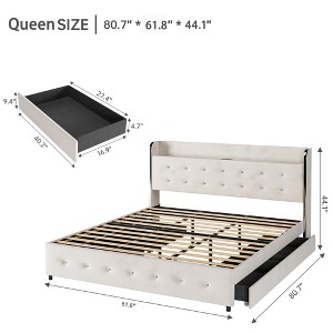 Full Queen King Size Bed Frame with 4 Drawers,Diamond Tufted Upholstered Bed Frame with Charging Station,No Box Spring Needed - 1 of 4