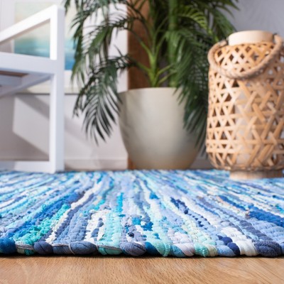 Handmade Blue Cotton Flat Woven Rectangular Rug