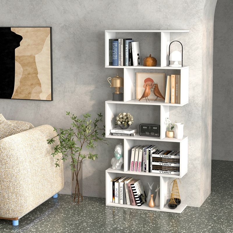 Costway 5-Tier Bookshelf Geometric S-Shaped Bookcase Room Divider Storage Display Shelf, 2 of 11