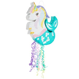 Blue Panda Pull String Unicorn Mermaid Pinata for Girls Rainbow Birthday Decorations, Under the Sea Party, 16.5x13x3 in - 1 of 4