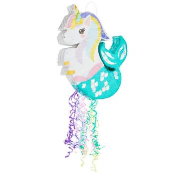 Blue Panda Pull String Unicorn Mermaid Pinata for Girls Rainbow Birthday Decorations, Under the Sea Party, 16.5x13x3 in