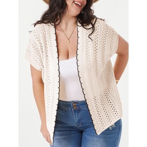 Plus Size Women's Color Block Open Knit Cardigan V Back Short Sleeve Cover Up Tops - 1 of 3