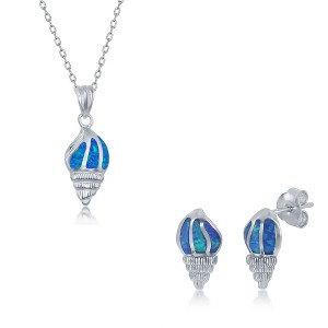 Opalata Sterling Silver Blue Inlay Opal Sea Shell Earrings and 18" Pendant Necklace Set - 1 of 4