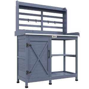 Outsunny Wooden Potting Bench, Outdoor Potting Table with Storage Cabinet, Storage Shelves, Aluminum Tabletop for Backyard, Patio, Balcony - 1 of 4