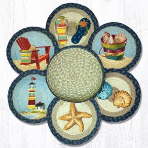 Earth Rugs By The Sea Jute Trivet Set in Basket – 10"x10" Round Braided Hot Pads, Hand-Stenciled Coastal Design, Art by Sandy Clough - 1 of 3