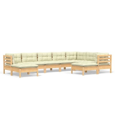 vidaXL Solid Pinewood Patio Lounge Set - 9 Piece Garden Sofa w/Cream Cushions - Corner, Middle, and Footstool Modules