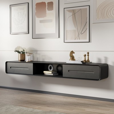 POVISON 78.74" Black Floating TV Stand,Modern Wall-Mounted Entertainment Center with Storage, Wood Media Console