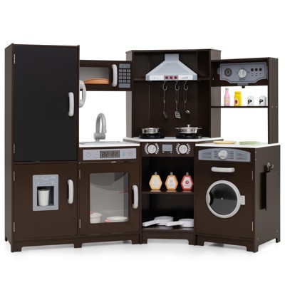 Safstar Corner Kids Play Kitchen Wooden Pretend Toy Kitchen w/ Realistic Lights Brown