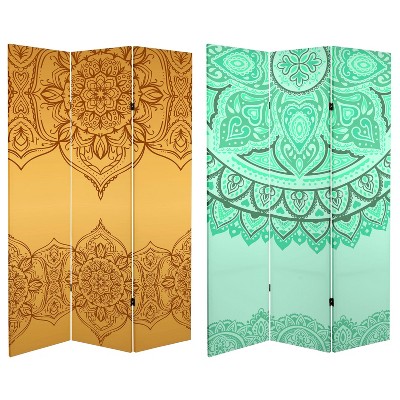 6" Double Sided Gold and Green Mandalas Canvas Room Divider - Oriental Furniture