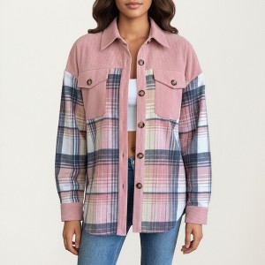 Anna-Kaci Women’s Plaid Button Front Shirt Jacket with Soft Corduroy Contrast Long Sleeves Chest Pocket Detail - 1 of 4