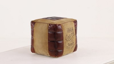 Rustic Square Canvas and Faux Leather Pouf in Brown