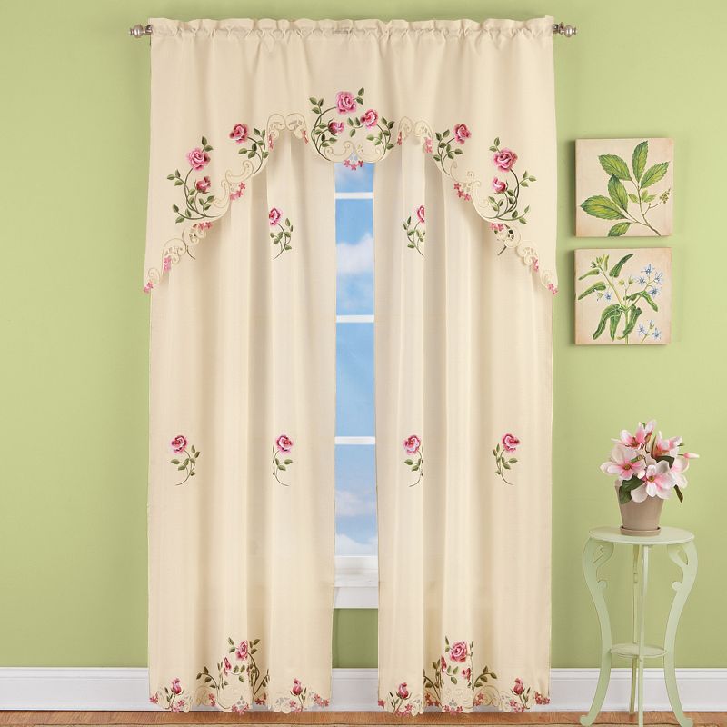 Collections Etc Elegant Pink Rose Floral Embroidered Curtains Drapes, Ivory, 3 of 5