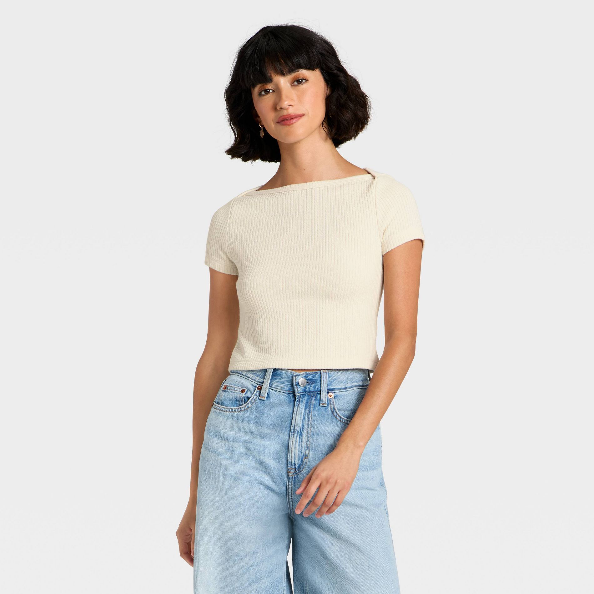 Women's Slim Fit Short Sleeve Boat Neck Ribbed T-Shirt - Universal Thread™ Cream M