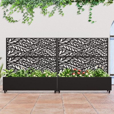 SpassWay Black Metal Planter Box with Trellis Raised Garden Bed with Arbor Privacy Screen with Wheels